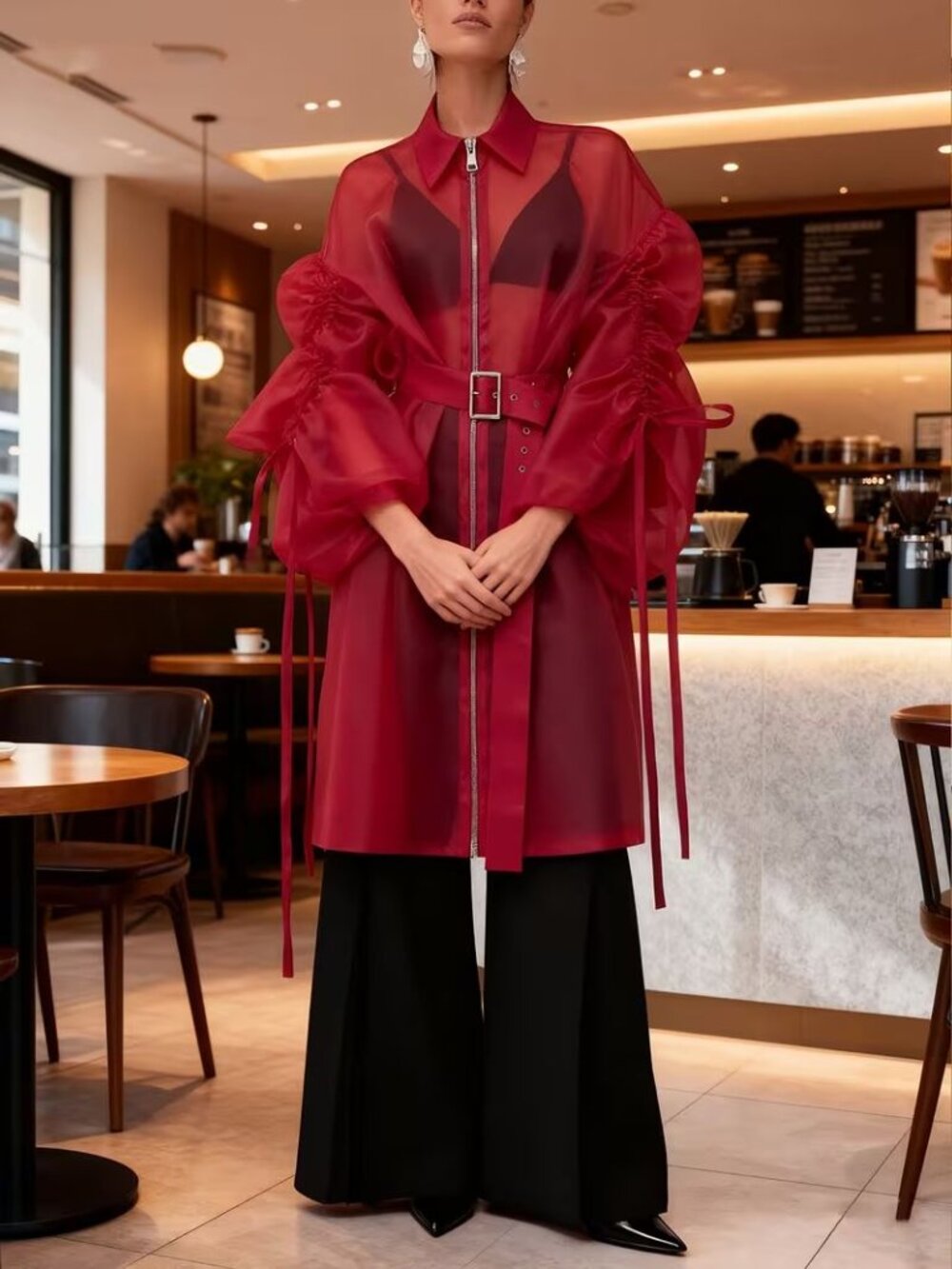 Crimson Sheer Organza Statement Trench Coat